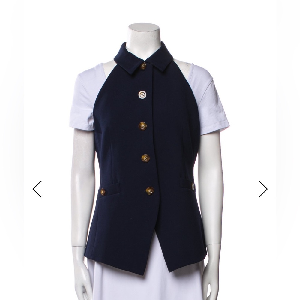 Veronica Beard Navy Gold-Button Sleeveless Collared Vest